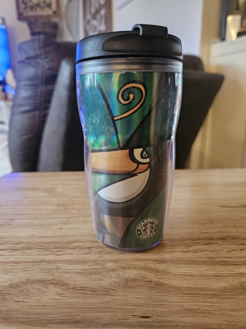 Starbucks Green, Yellow and Black Toucan Travel Tumbler with Flip Lid